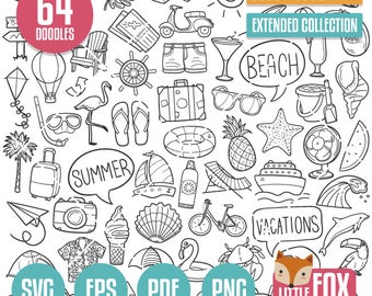 SUMMER BEACH, SVG doodle vector icons. Trip Summer Vacations. Vacation Travel Coloring Clipart Line. Tourism Hand Drawn Scribble Designs.