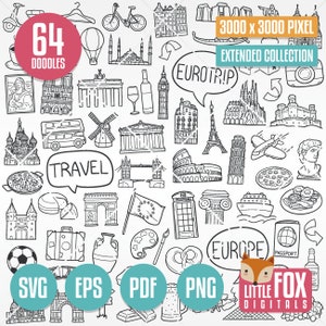EUROPA VIAGGIO SVG, icone vettoriali doodle. Turismo viaggio europeo edifici famosi arte Cartoon Doodle icone Clipart colorazione digitale disegnata a mano.