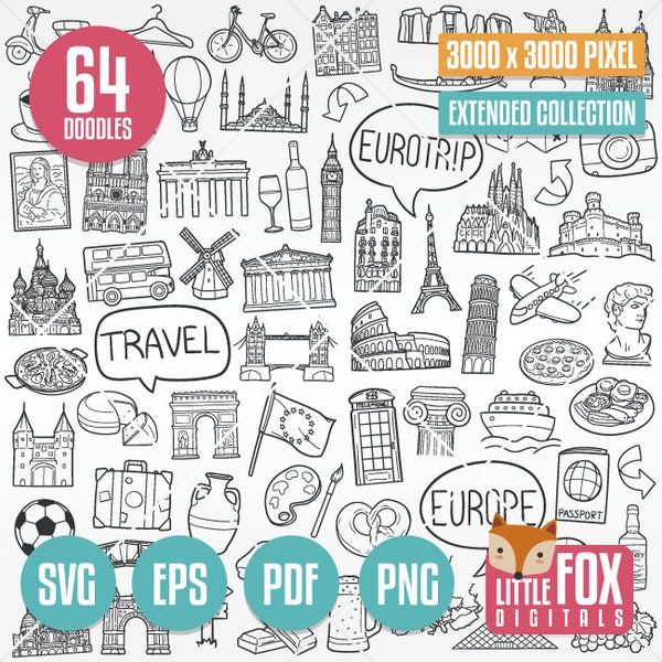 EUROPE TRAVEL SVG, doodle vector icons. Tourism European Trip Famous Buildings Art Cartoon Doodle Icons Clipart Digital Coloring Hand Drawn.