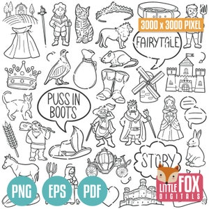 PUSS IN BOOTS, Bajkowe Ikonki Doodles. Magic Story Icons Clipart Fantasy. Markiz Carabas Ręcznie Rysowane Linie Projekt Clipart Kolorowanka.