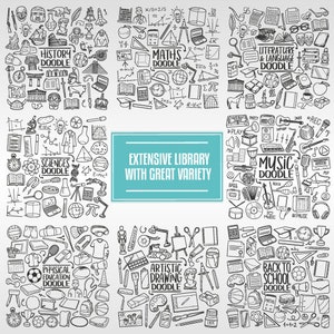May include: A black and white doodle illustration of various school subjects, including history, math, science, music, literature, physical education, art, and back to school. The illustration is divided into nine squares, each representing a different subject. The text "EXTENSIVE LIBRARY WITH GREAT VARIETY" is written in a blue box in the center of the image.