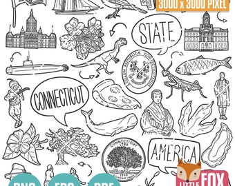 CONNECTICUT State Symbols. American State Clipart. Connecticut America, Usa Icons Doodle. Scrapbook. Hand Drawn Line Art. Design Set Artwork