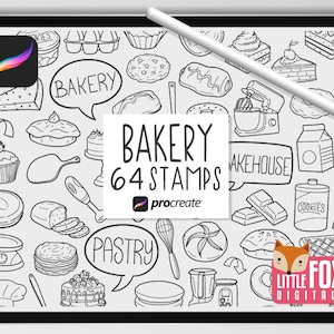 ベーカリー スタンプ、Procreate ブラシ、ペストリー フード アイコン、ケーキ バンドル 落書き。お菓子作りデジタル ステッカー プランナー スクラップブック セット カラーリング。