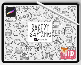 BAKERY STAMPS, Procreate Brushes, Pastry Food Icons, Cake Bundle Doodles. Sweets Baking Digital Sticker Planner Scrapbook Set Coloring.