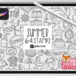SUMMER STAMPS, Procreate Brushes, Vacation Icons, Summer Bundle Doodles. Beach Clipart Digital Sticker Planner Scrapbook Set Coloring.