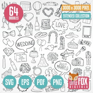 BODAS, iconos vectoriales de garabatos SVG. Imágenes prediseñadas de iconos de Doodle de pareja recién casada. Establecer amor ilustración nupcial Línea de mano Vector de diseño de garabatos.
