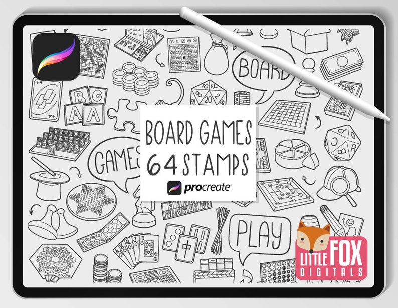 May include: A digital illustration of 64 black and white board game icons, including chess, checkers, dice, and cards. The text "BOARD GAMES 64 STAMPS" is in the center of the image. The text "procreate" is below the text "64 STAMPS". The text "LITTLE FOX DIGITALS" is in the lower right corner of the image.