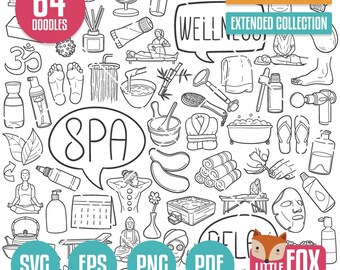 SPA & WELLNESS, SVG Doodle vector icons. Relax Theraphy Center Doodle Icons Clipart. Set Hand Drawn Line Art Design Artwork Clip Art.