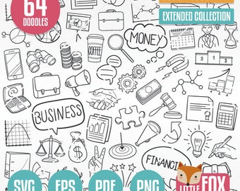 ZAKEN en FINANCIËN, SVG Doodle icon vectoren. Idee Geld Doodle Pictogrammen Clipart. Zakenman Hand getrokken lijn ontwerp clip kleuren schets.