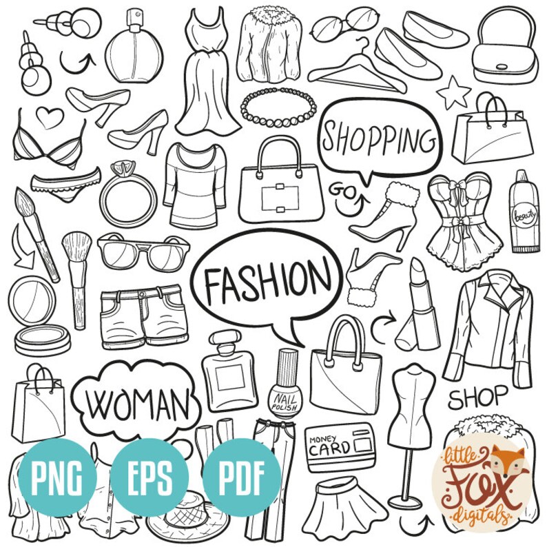 Vector Eps Fashion Shopping Day Woman Doodle Icons Clipart Etsy