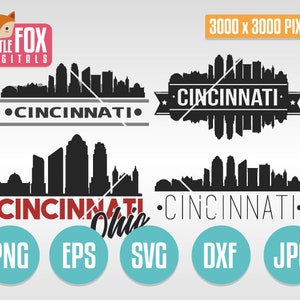 May include: Black and white silhouette of the Cincinnati skyline with the text "Cincinnati" and "Ohio" in red. The image is 3000 x 3000 pixels and includes the file types PNG, EPS, SVG, DXF, and JPG.