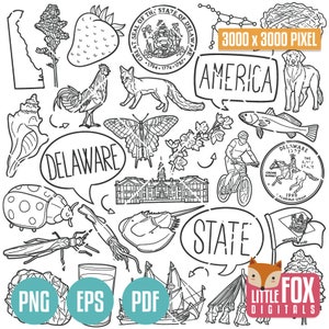 Symboles de l'État du DELAWARE. Clipart État américain. Delaware Amérique, Etats-Unis Doodle D'icônes. Album de coupures. Dessin au trait dessiné à la main. Oeuvre d'art de l'ensemble de conception.
