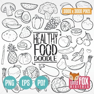 ALIMENTATION SAINE, icônes vectorielles de doodle. Légumes Concept Art Cartoon Doodle icônes Clipart. Ensemble de croquis de collection dessinés à la main, art au trait à colorier.