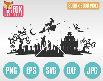 SVG HALLOWEEN SCENE. Scene Cuttable Design. Silhouette Cameo. Cricut Cut file Vector Silhouette. Decal Cut.