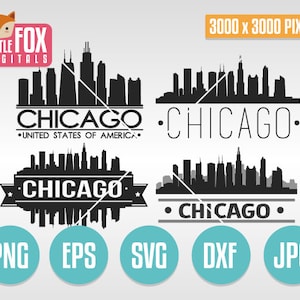 SVG CHICAGO, EUA. Super Pack. Horizonte de Chicago, Illinois. Clipart de silhueta da cidade de Chicago. Conjunto de ícones cortáveis. Ilustração de vetor de scrapbook.