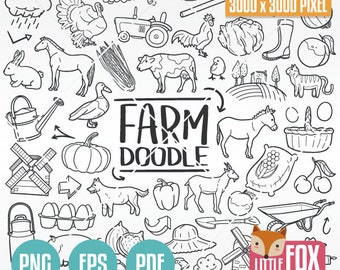 FARM ANIMALS, Farmer Clip art Icons. Scrapbooking Doodle Clipart Scrapbook Agriculture. Coloring Icon Line Art Hand Drawn Scribble Design.