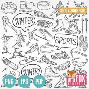 Sports d'hiver, icônes vectorielles de doodle. Symboles de l'hiver, activité artistique à la main. Dessin animé, sports sur glace, cliparts, album à colorier, dessin à main levée, croquis, dessin.