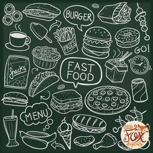 Chalkboard Fast Food Day Restaurant Menu Doodle Icons Clipart Scrapbook Set Artwork Design School Style Hand Drawn Line Art Sketch Scribble