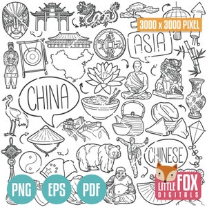 CHINA vector doodle icons. Chinese Travel Asian Clipart Scrapbook. China Hand Drawn Line Art Stamp Design. Artwork Clip Art Coloring.