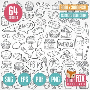 BAKERY SVG, doodle vector icons. Pastry Cake Shop Doodle Icons Clipart Scrapbook. Desserts Set Bakehouse Hand Drawn Sketch Line Art Design.
