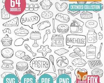 BAKERY SVG, doodle vector icons. Pastry Cake Shop Doodle Icons Clipart Scrapbook. Desserts Set Bakehouse Hand Drawn Sketch Line Art Design.