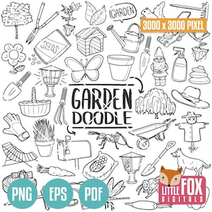 JARDÍN, Doodle de Agricultura. Conjunto de iconos de jardinería urbana para álbum de recortes. Diseño de arte lineal dibujado a mano sobre horticultura. Ilustraciones para colorear.