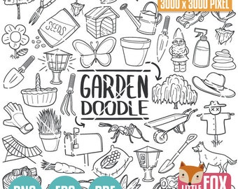 May include: A black and white doodle illustration of gardening tools, plants, and other garden-related items. The illustration includes a watering can, a gnome, a wheelbarrow, a scarecrow, a butterfly, a house, a mailbox, a shovel, a rake, a trowel, a pair of gardening gloves, a seed packet, a pot, a lantern, a basket, a hat, a squirrel, a dog, and a fox. The text "GARDEN DOODLE" is written in the center of the illustration.