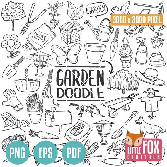 GARDEN, Agriculture Doodle. Urban Gardening Icons Clipart Scrapbook Set. Horticulture Hand Drawn Line Art Design. Artwork Clip Art Coloring.