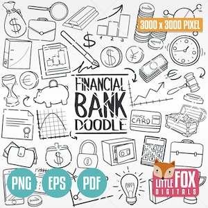 BANK Icons doodle vettoriale. Finanze Doodle Icons Clipart Scrapbook Set. Linea disegnata a mano. Denaro e capitale Art Clip Art Coloring.