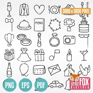 BODA, iconos vectoriales de doodle. Iconos de celebración de fiesta con amigos y familiares. Iconos de doodle, clipart, álbum de recortes, diseño, planificador, boceto lineal.