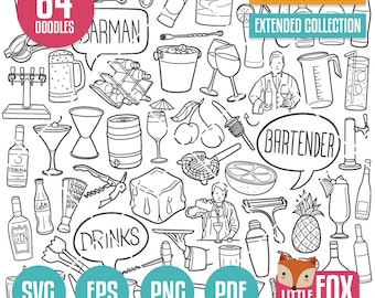 Puede incluir: Un conjunto de 64 ilustraciones en blanco y negro de bar y cócteles. El conjunto incluye imágenes de bebidas, herramientas de bar, aperitivos de bar y barman. El texto "64 DOODLES" está en un círculo rojo en la parte superior de la imagen. El texto "BARTENDER" está en un globo de diálogo en la parte inferior de la imagen. El texto "DRINKS" está en un círculo en la parte inferior de la imagen. El texto "SVG EPS PNG PDF LITTLE FOX DIGITALS" está en la parte inferior de la imagen.
