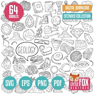 Géologie SVG, icônes Clipart Doodle. Illustration vectorielle Rockhound dessinée à la main. Clipart Scrapbooking, pierres précieuses. Ligne à colorier imprimable.