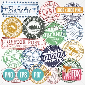 ORLANDO, FLORIDA Satz von Briefmarken. Gemacht im Siegel-Reise-Pass-Porto-Grunge. Karte und Skyline Silhouette Clipart Digitale Illustration.