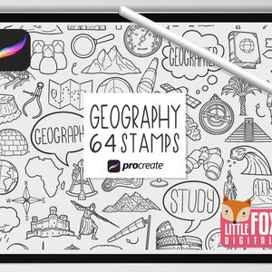 GEOGRAPHIE STEMPEL, Procreate Brushes, Geographic Social Icons, Bundle Doodles. Studie Clipart Digital Sticker Planner Scrapbook Set Färbung.