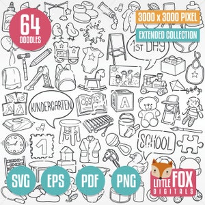 KINDERGARTEN SVG, doodle vector icons. Baby School Preschool Doodle Icons Clipart. Hand Drawn Line Art Design Artwork  Coloring Sketch.