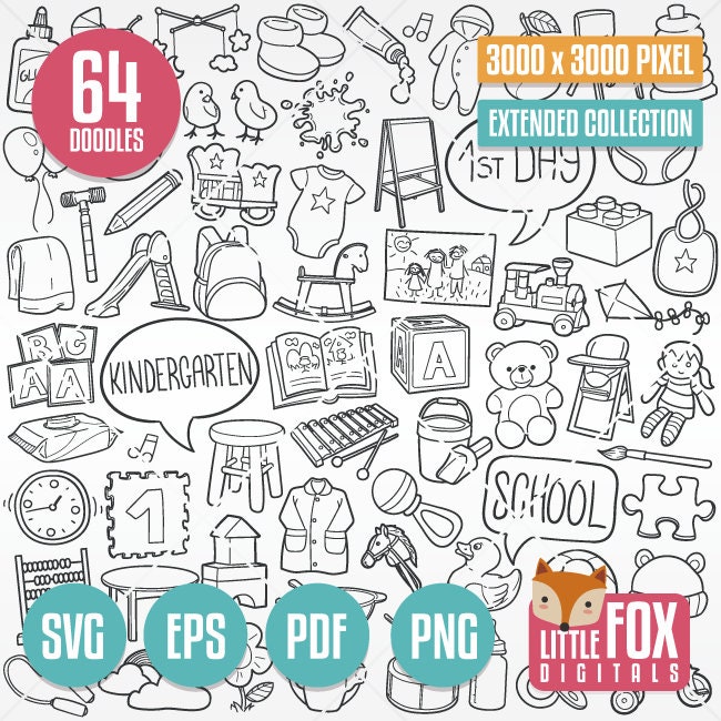 KINDERGARTEN SVG, doodle vector icons. Baby School Preschool Doodle Icons Clipart. Hand Drawn Line Art Design Artwork  Coloring Sketch.