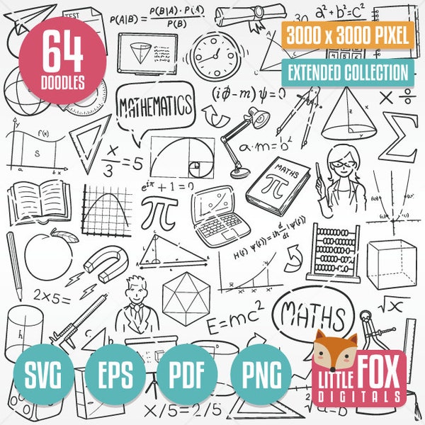 MATHEMATICS, SVG doodle vector icons. Maths Subject School Learn Doodle Icons Clipart. Hand Drawn Line Art Design Clip Art Coloring Sketch.