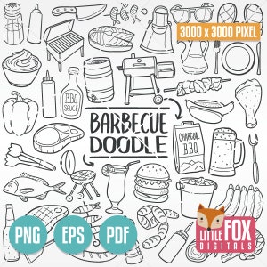 Churrasco, Churrasco Doodle Ícones Clipart. Churrasqueira Dia Festa Scrapbook Grill. Mão Desenhada Linha Arte Colorir. Esboço Rabisco Scrapbooking Design