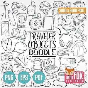 TRAVELLER Objekte, Travel Set Kit Clipart. Reisende Traditionelle Doodle Icons. Scrapbook-Set. Handgezeichnete Linie Kunst. Design Set Artwork.
