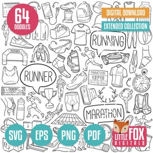 RUNNING SVG doodle vector icons. Runner Fitness Crossfit Clipart. Healthy Sport Icon Clip art. Marathon Artwork Coloring Hand Drawn Sketch.