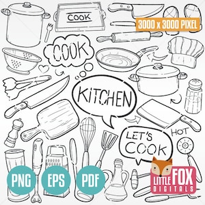 KEUKEN, doodle vector iconen. GEREEDSCHAP Koken. Items van huis en huisvoorwerpen. Doodle pictogrammen clipartset. Illustraties kleurplaten. Schets krabbel.