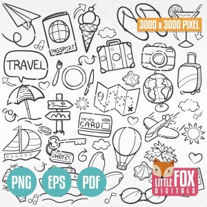 REIZEN, doodle vector iconen. Reizende vrienden en familie-uitstapje vakantie zomer doodle pictogrammen clipart. Handgetekende lijntekeningen krabbelontwerpen.