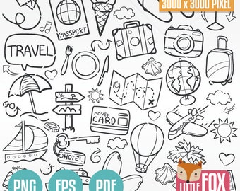 TRAVEL, doodle vector icons. Traveling Friends and Family Trip Holidays Summer Doodle Icons Clipart. Hand Drawn Line Art Scribble Designs.