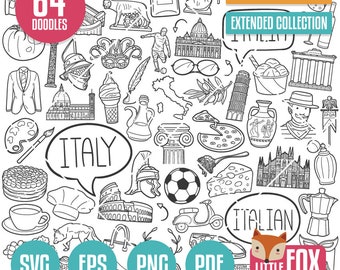 ITALY, SVG doodle vector icons. Italian Doodle Icons Clipart. Italia Illustration hand Drawin Line Art Scribble Design Vector, SVG cut file.