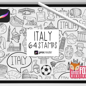 SELLOS DE ITALIA, Pinceles Procreate, Íconos italianos, Paquete de garabatos culturales de Italia. Conjunto de Scrapbooking del planificador de pegatinas digitales de edificios italianos.