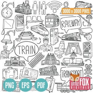 ZUG Doodle Vektor-Icons. Eisenbahn Illustration Clipart, Lokomotive Sammlung Set Hand gezeichnet Linie Kunst, Design Clip Art Färbung Skizze.