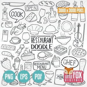 CHEF, iconos vectoriales de garabatos. Menú de restaurante, iconos de comida de garabatos, imágenes prediseñadas. Conjunto de álbumes de recortes para colorear, conjunto dibujado a mano, diseño de arte lineal de garabatos y bocetos.