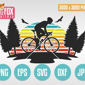 SONNENUNTERGANG RADFAHRER SVG. Mann Sport Berg schneidbares Design svg. Silhouette Datei geschnitten Clipart. Radfahren, Natur, Wald, Sport, Vektor, Silhouette.