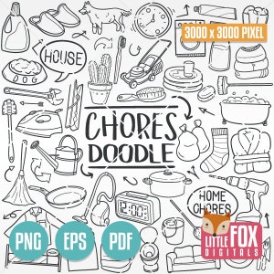 CHORES, Doodle vector icons. Home Works Doodle Icons Clipart, Hand Drawn Line Art Design Set Artwork Clip Art Coloring Hand Drawn Scribble.