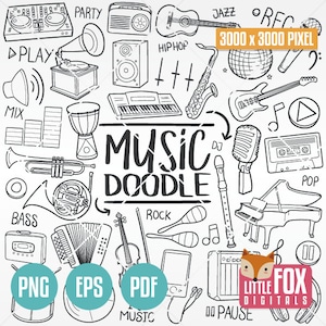 MUZIEK, Doodle vector iconen. Instrument Tools Traditionele Doodle Pictogrammen Clipart. Handgetekende lijnkunstontwerp instellen Illustraties illustraties kleuren.
